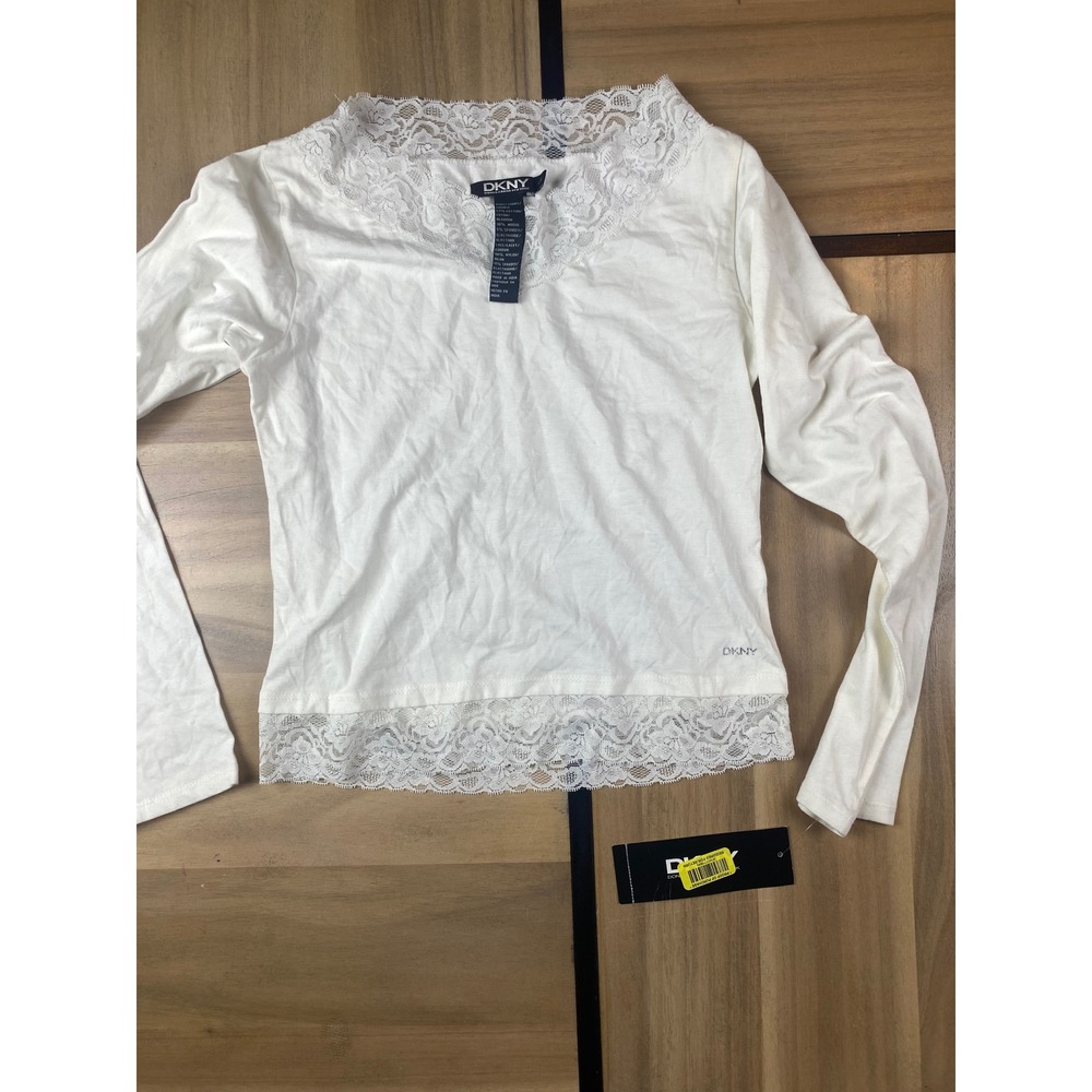 DKNY Lace Trim Top Long Sleeve Blouse Elegant Layering White‎ Size L
